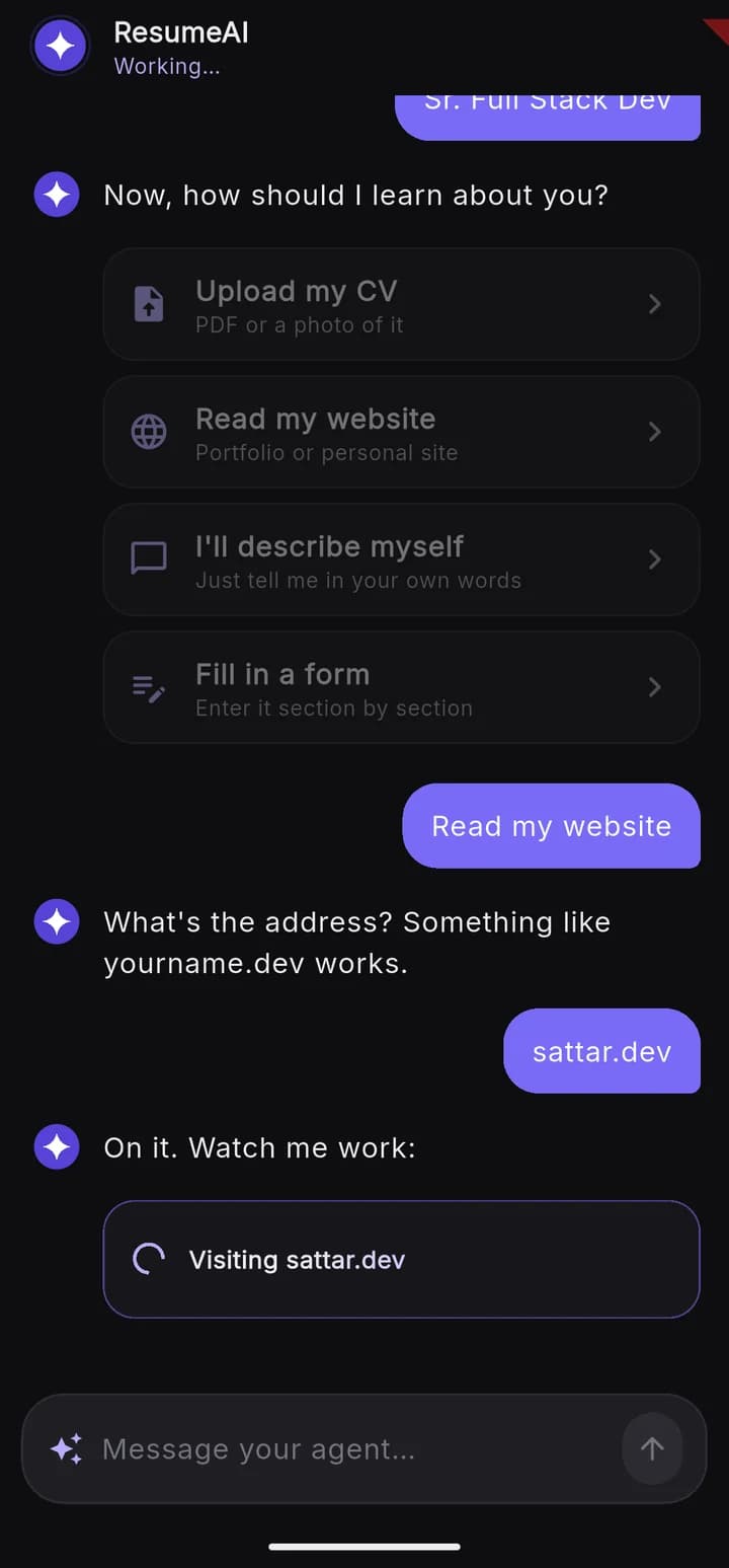 The agent reading pages of a portfolio website